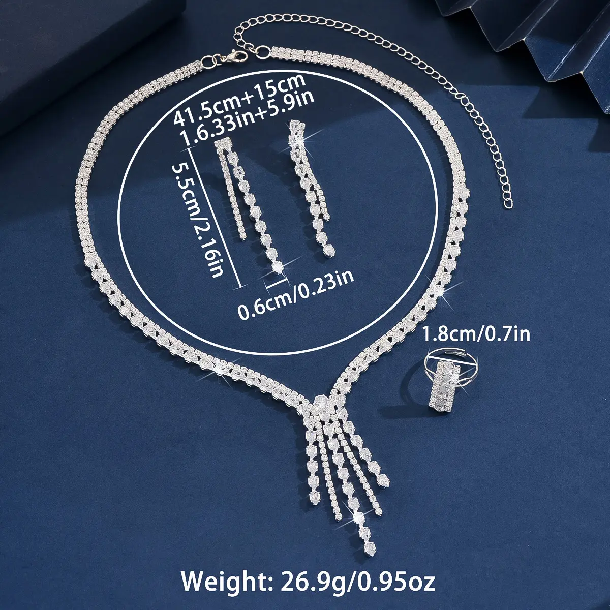 4PC Women's Fashion Zircon Series Silver Tassel Necklace Earrings Rings Jewelry Set Wedding Party Festival Gift-8572