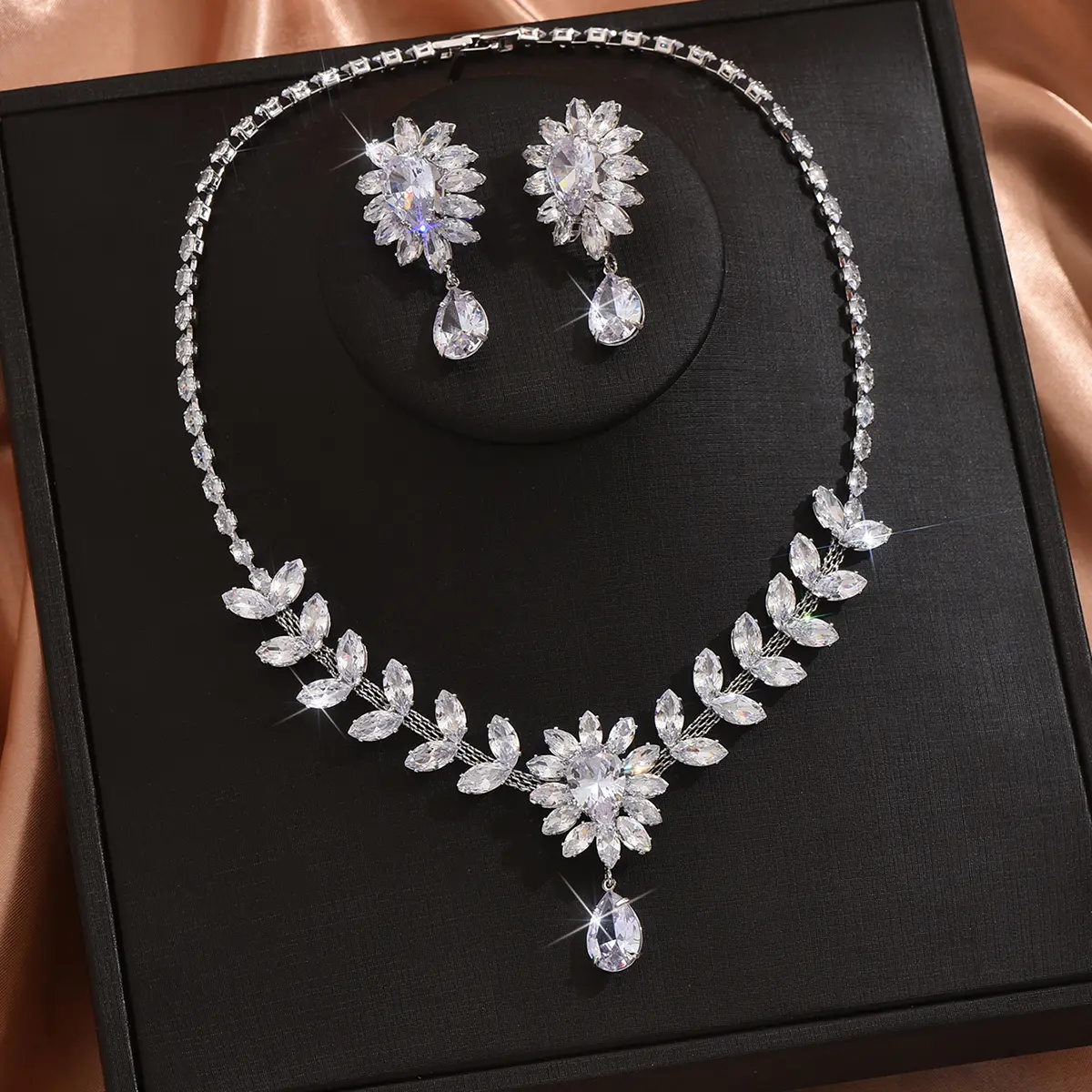 3PC Women's Fashion Zircon Series Flower Water Drop Necklace Earrings Jewelry Set Party Festival Gift