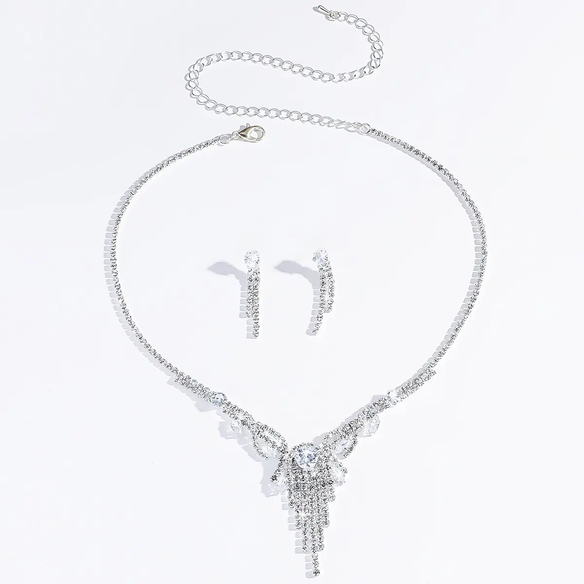 3PC Women's Fashion Copper Inlaid Diamond Claw Chain Tassel Necklace Earring Set Suitable for Wedding, Party, Festival Gifts