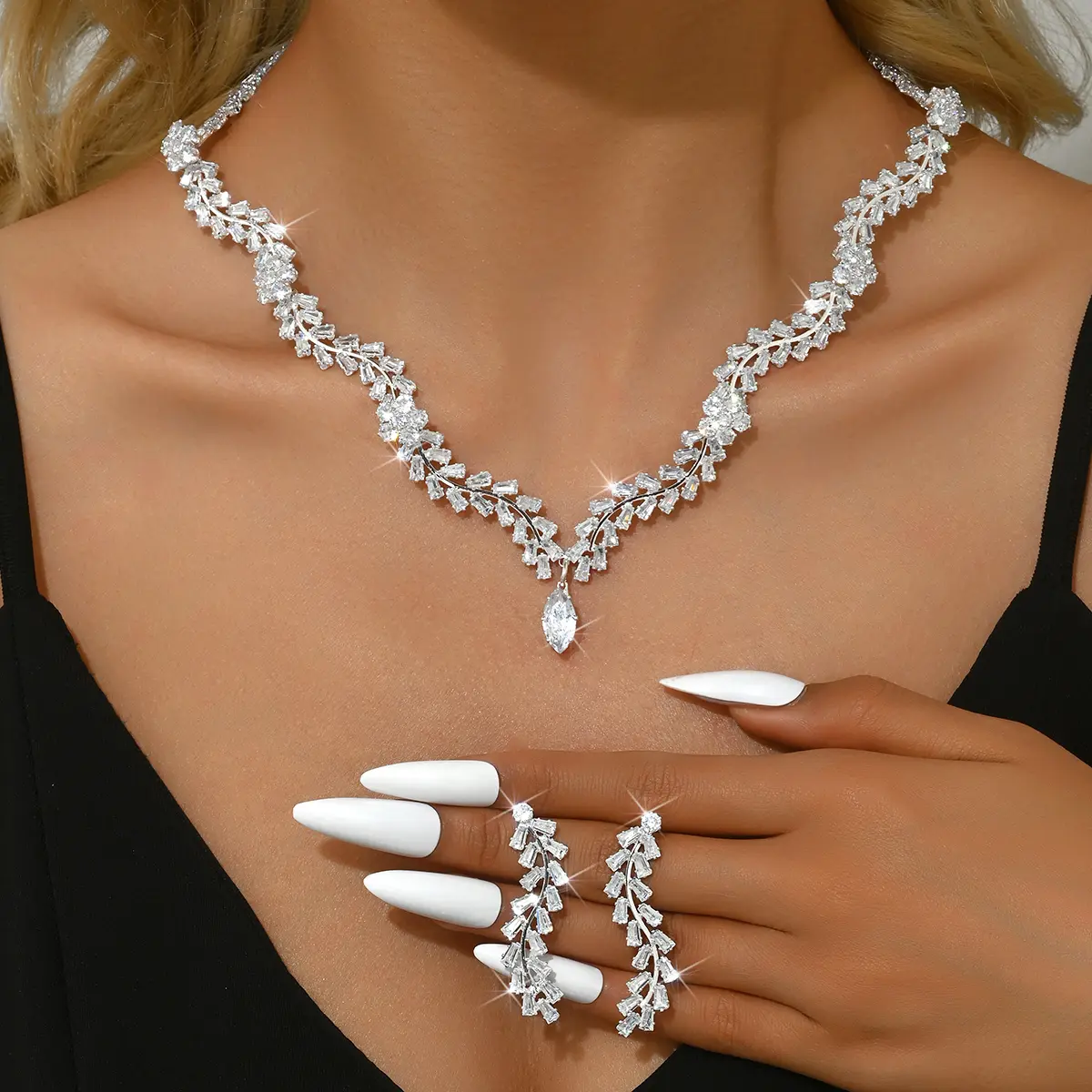 3PC Women's Fashion Zircon Series Silver Water Drop Necklace Earrings Jewelry Set Wedding Party Festival Gift-8568