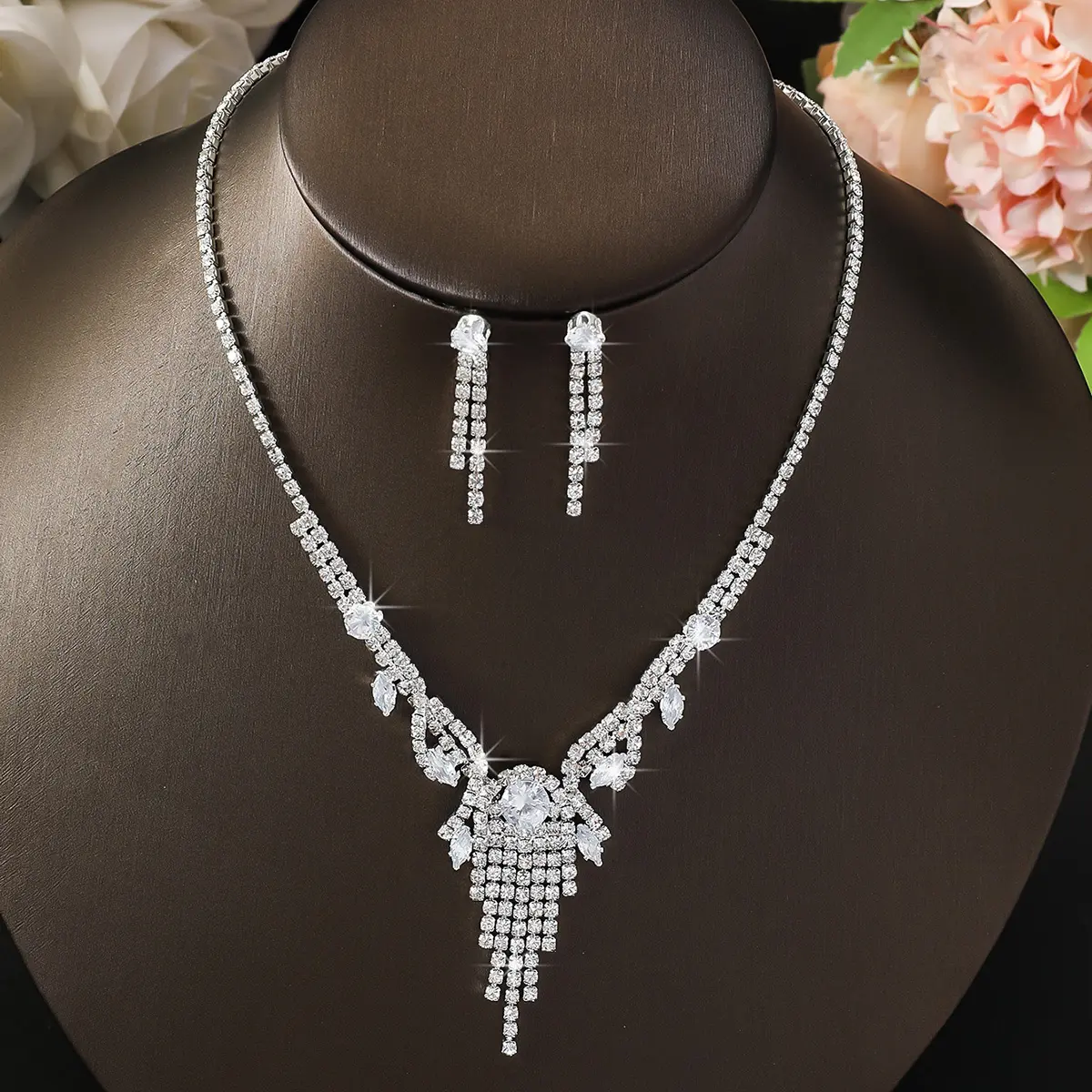 3PC Women's Fashion Copper Inlaid Diamond Claw Chain Tassel Necklace Earring Set Suitable for Wedding, Party, Festival Gifts