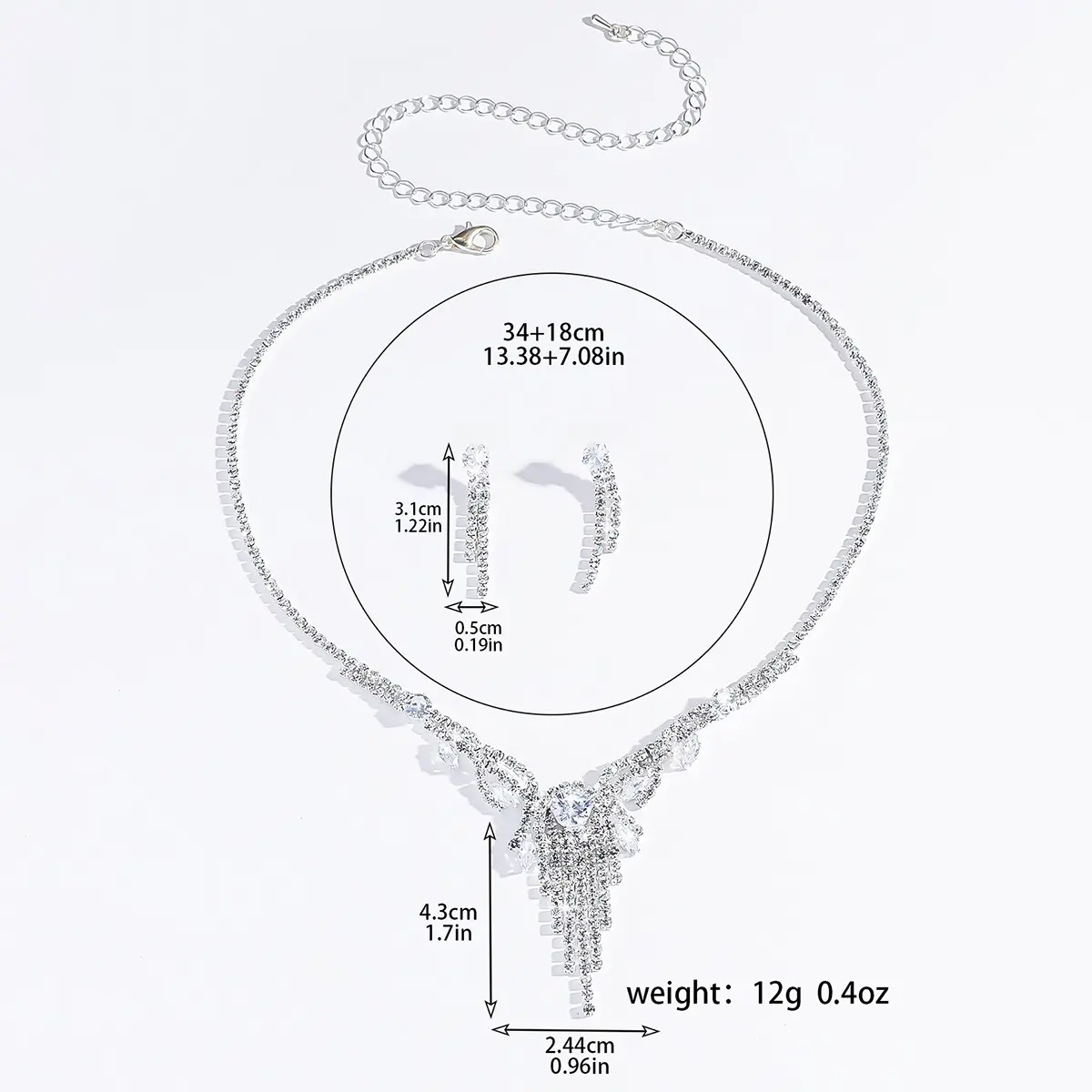 3PC Women's Fashion Copper Inlaid Diamond Claw Chain Tassel Necklace Earring Set Suitable for Wedding, Party, Festival Gifts