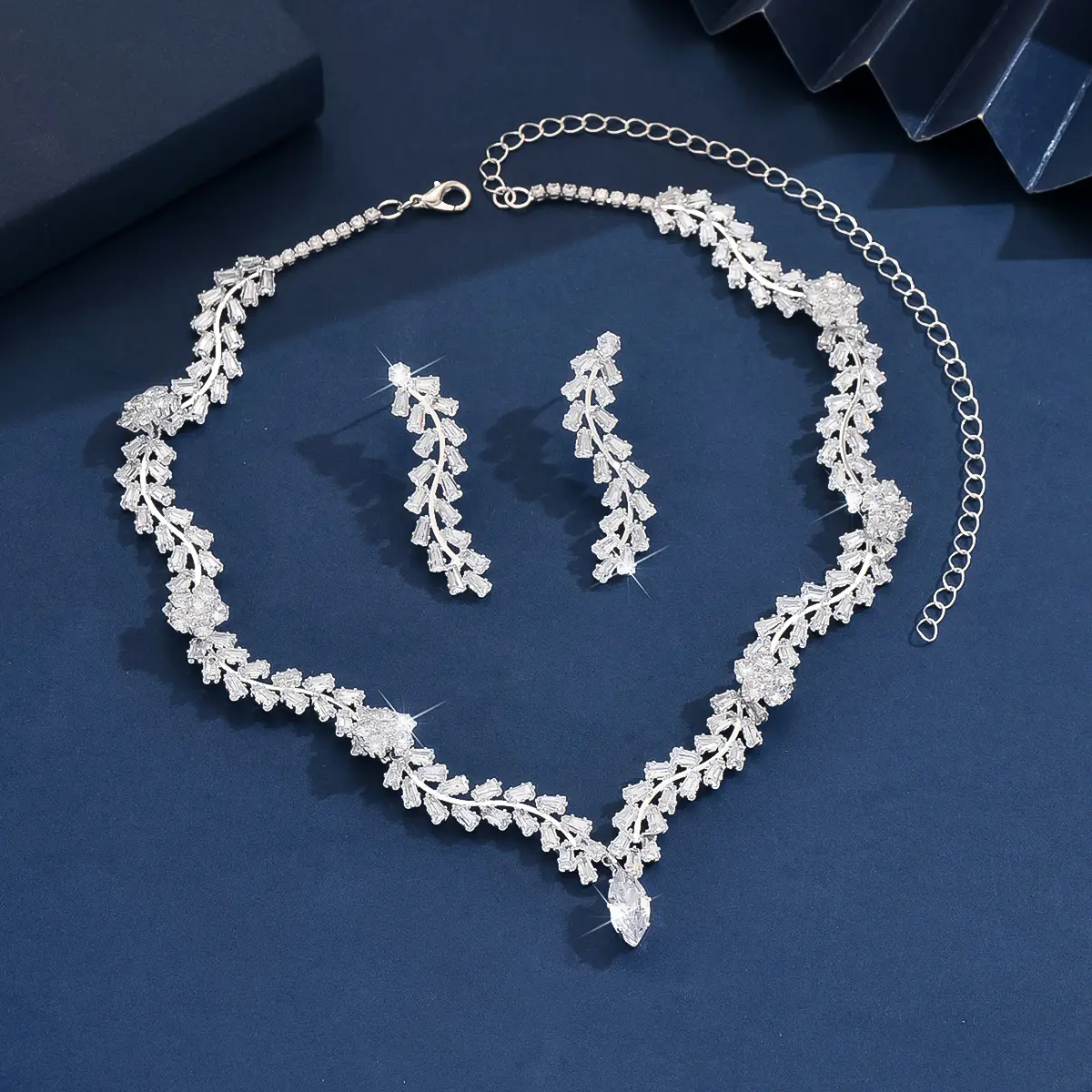 3PC Women's Fashion Zircon Series Silver Water Drop Necklace Earrings Jewelry Set Wedding Party Festival Gift-8568