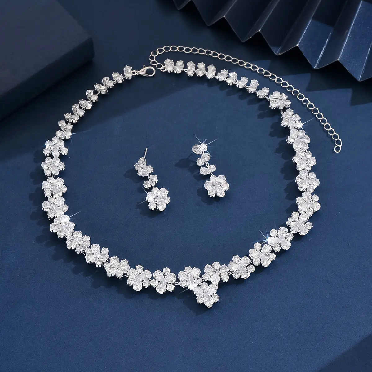 3PC Women's Fashion Zircon Series Silver Flower Necklace Earrings Jewelry Set Wedding Party Festival Gift-8569