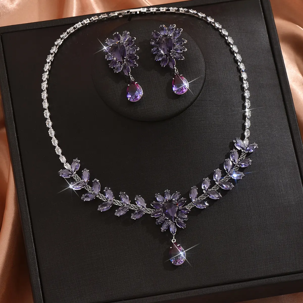 3PC Women's Fashion Zircon Series Flower Water Drop Necklace Earrings Jewelry Set Party Festival Gift