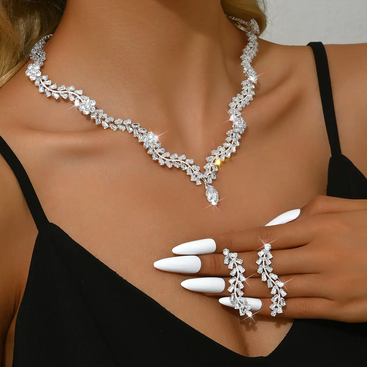 3PC Women's Fashion Zircon Series Silver Water Drop Necklace Earrings Jewelry Set Wedding Party Festival Gift-8568