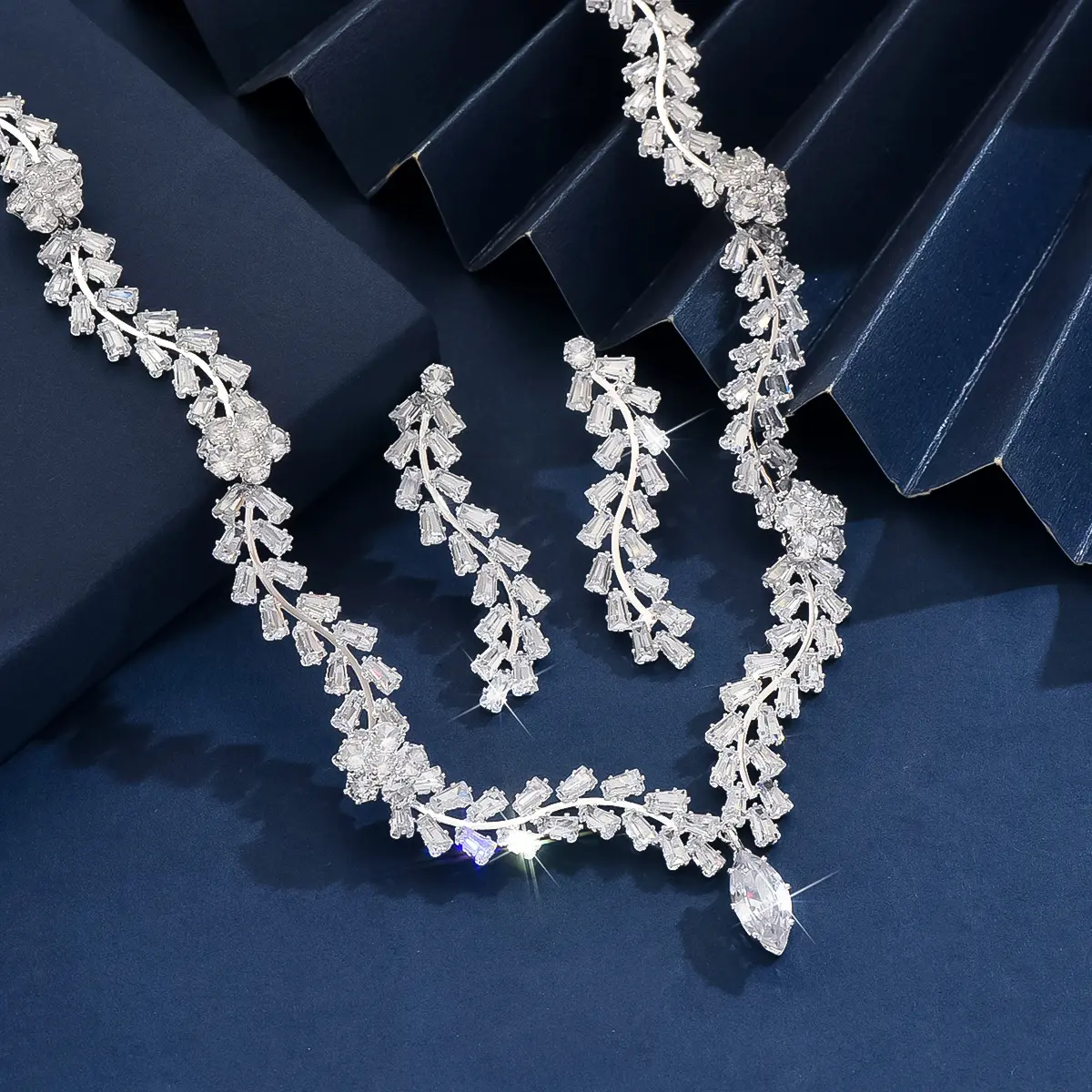 3PC Women's Fashion Zircon Series Silver Water Drop Necklace Earrings Jewelry Set Wedding Party Festival Gift-8568