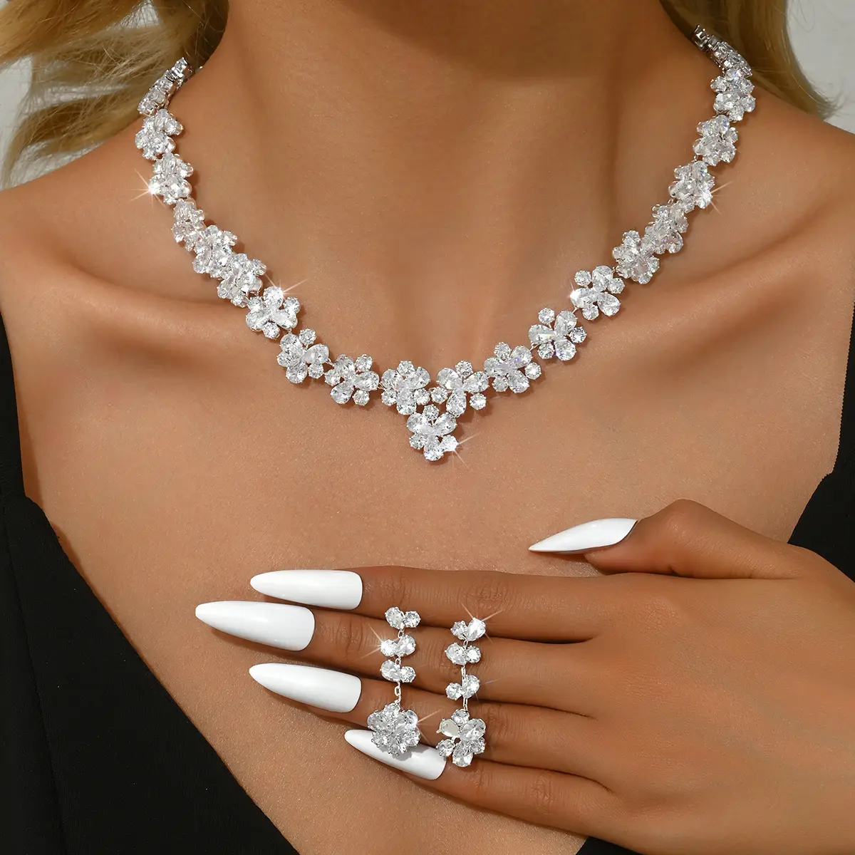 3PC Women's Fashion Zircon Series Silver Flower Necklace Earrings Jewelry Set Wedding Party Festival Gift-8569