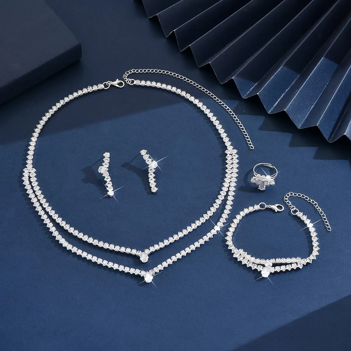 5PC Women's Fashion Zircon Silver Necklace Earrings Bracelet Ring Jewelry Set Suitable for Wedding, Party, Festival Gifts-8573