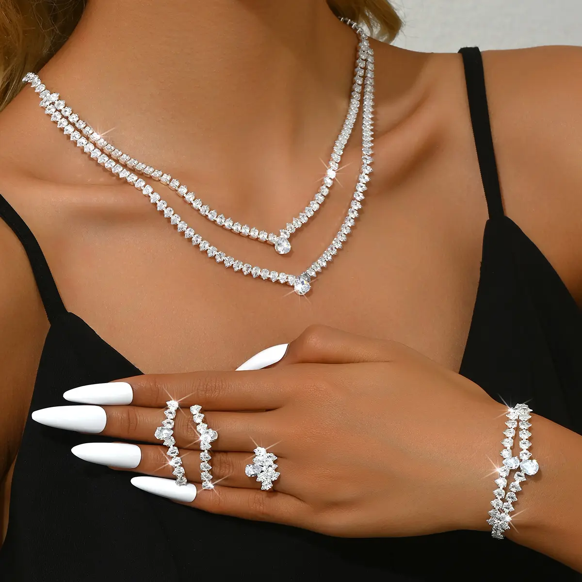 5PC Women's Fashion Zircon Silver Necklace Earrings Bracelet Ring Jewelry Set Suitable for Wedding, Party, Festival Gifts-8573