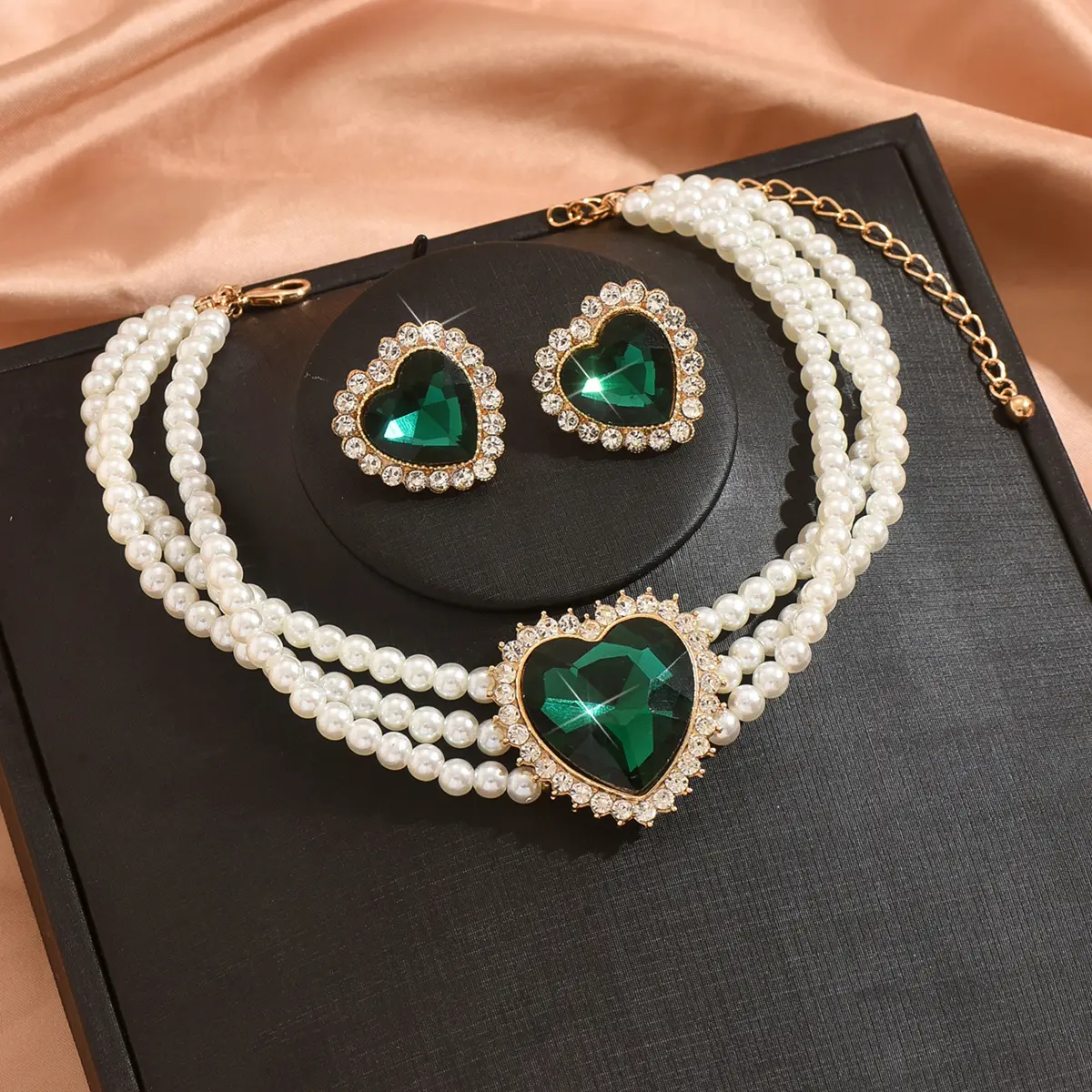 Ladies' Fashion Peach Heart Pearl Set Series Necklace Earrings Jewelry Set Wedding Party Festival Gift