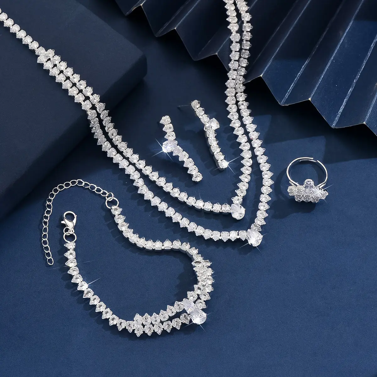 5PC Women's Fashion Zircon Silver Necklace Earrings Bracelet Ring Jewelry Set Suitable for Wedding, Party, Festival Gifts-8573