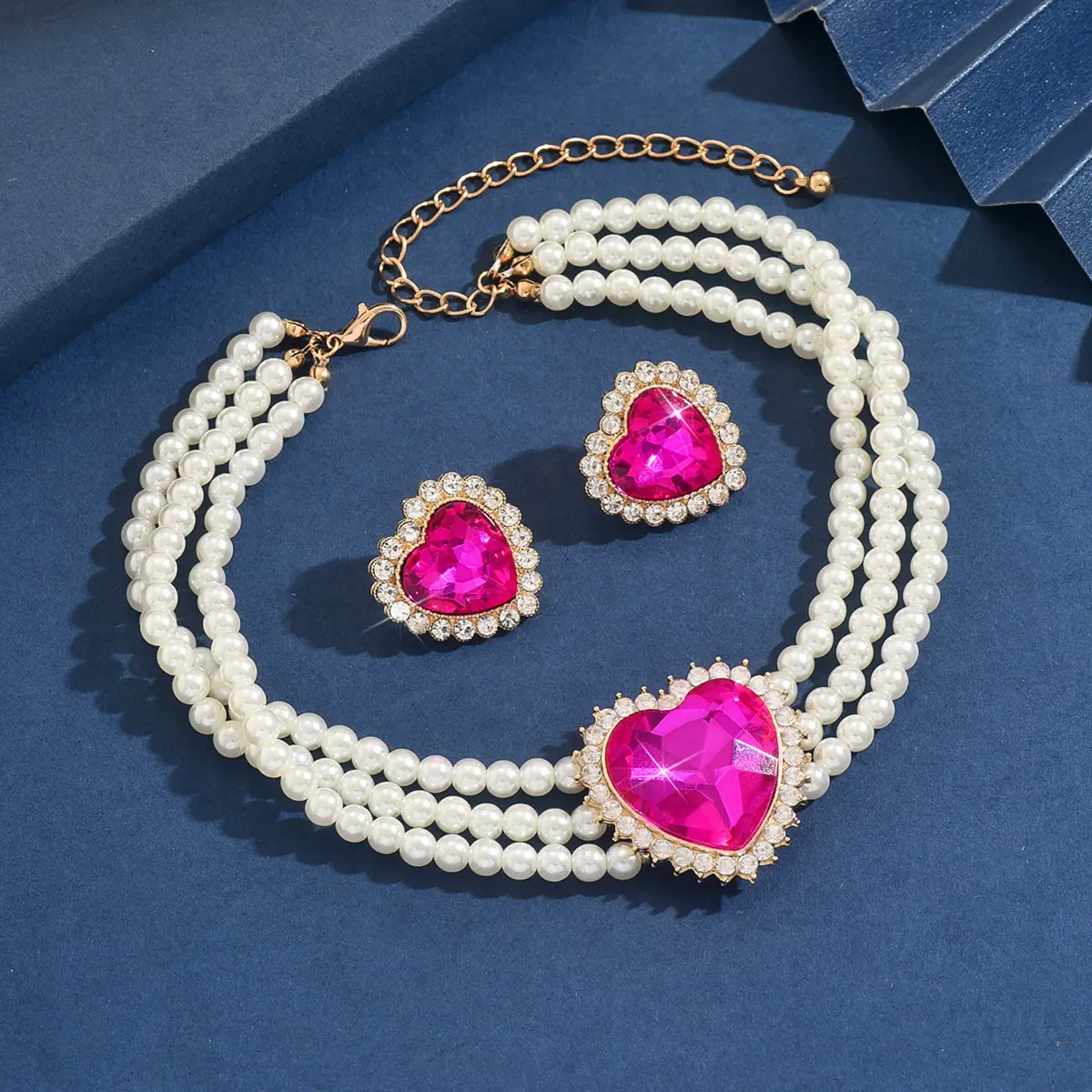 Ladies' Fashion Peach Heart Pearl Set Series Necklace Earrings Jewelry Set Wedding Party Festival Gift