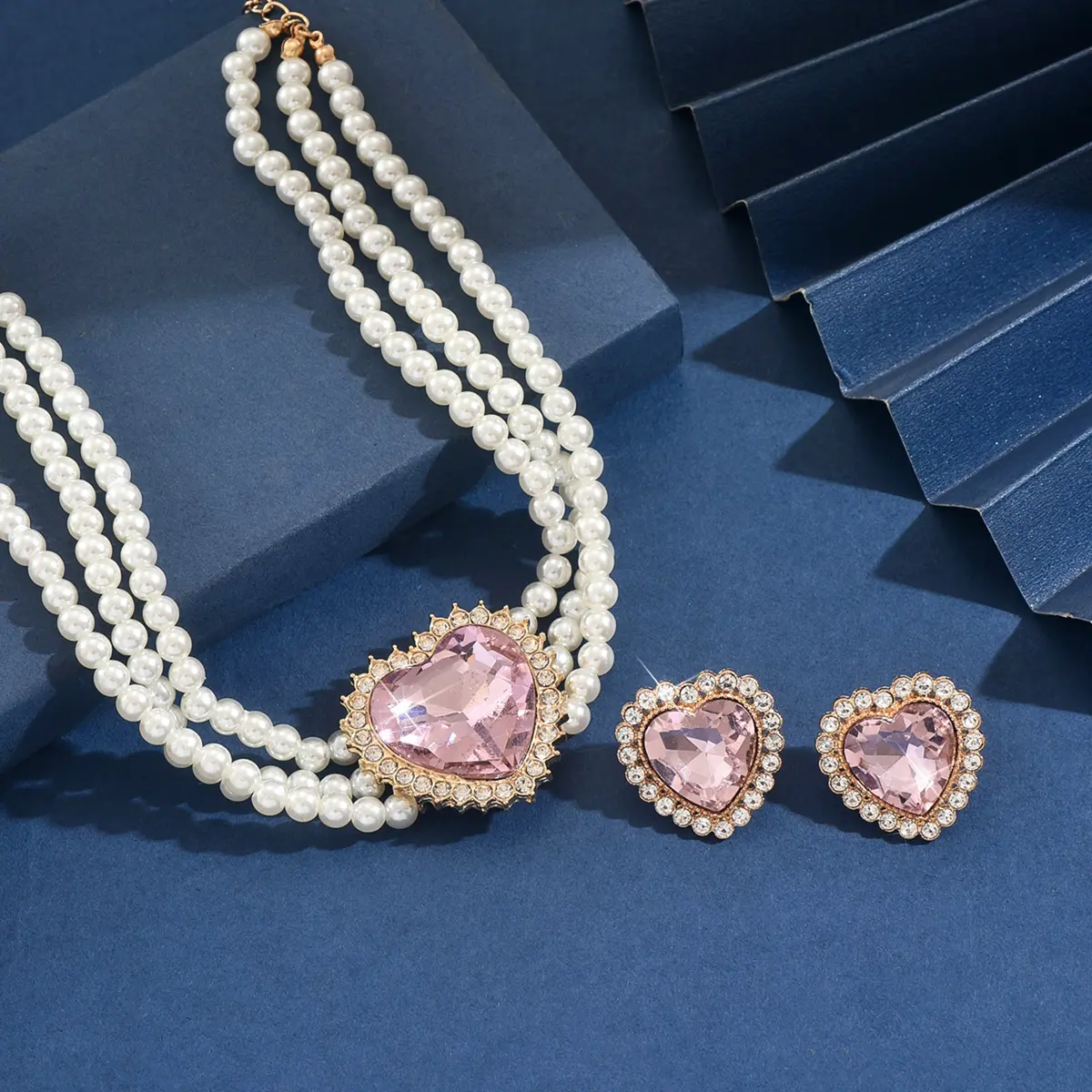 Ladies' Fashion Peach Heart Pearl Set Series Necklace Earrings Jewelry Set Wedding Party Festival Gift