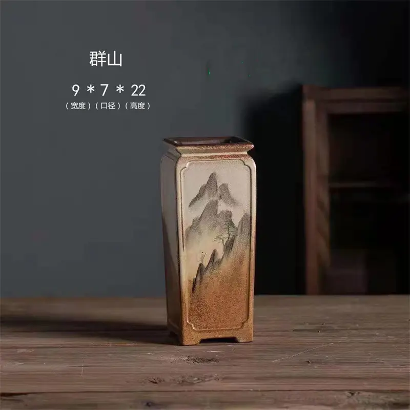 Hand Carved Bonsai Pot with Base, Ceramic Cymbidium Plant, Cylinder Shape, Traditional Chinese Garden Decoration