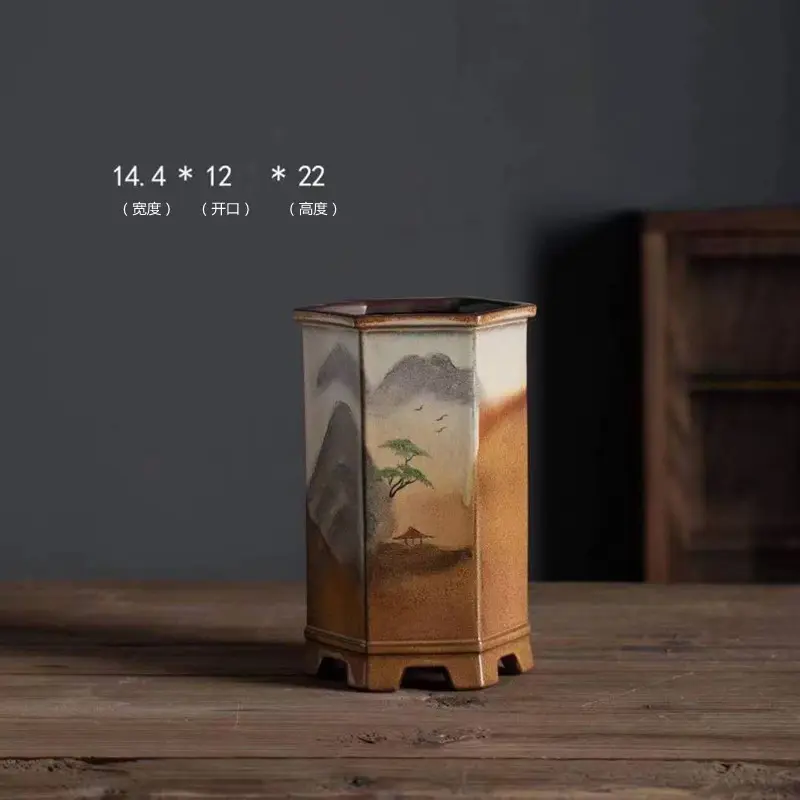 Hand Carved Bonsai Pot with Base, Ceramic Cymbidium Plant, Cylinder Shape, Traditional Chinese Garden Decoration