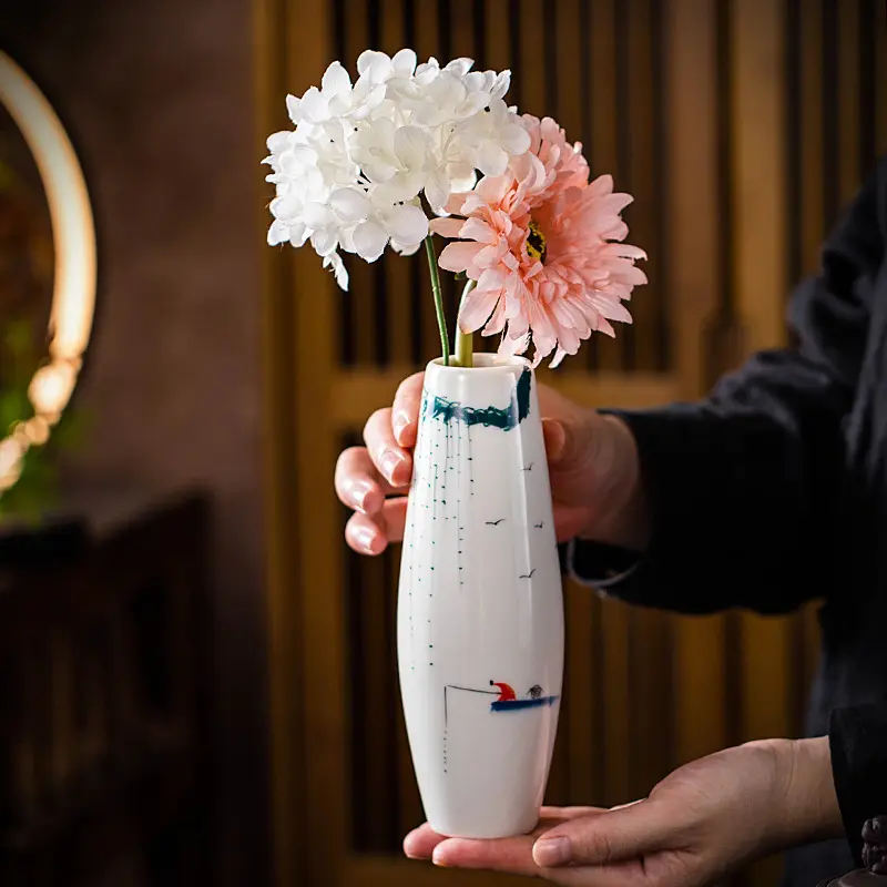Hand-painted Ceramic Vase, Mini Decoration, White Simple Flower, Home, Living Room, Countertop,Home Decoration Accessories