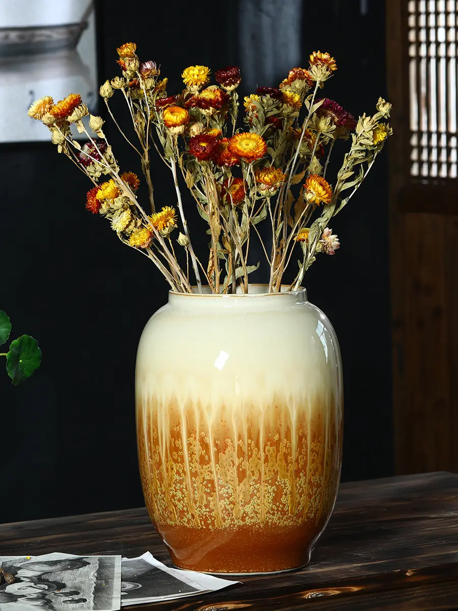 Transmutation Ceramic Big Belly Vase Hydroponic Large Diameter Artificial Flower Arrangement Living Room Home Retro Ornaments