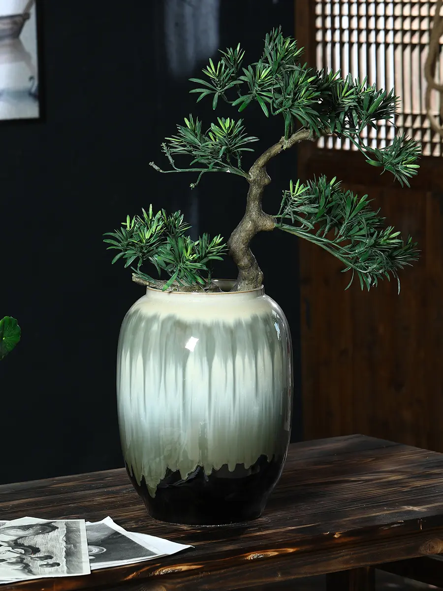 Transmutation Ceramic Big Belly Vase Hydroponic Large Diameter Artificial Flower Arrangement Living Room Home Retro Ornaments