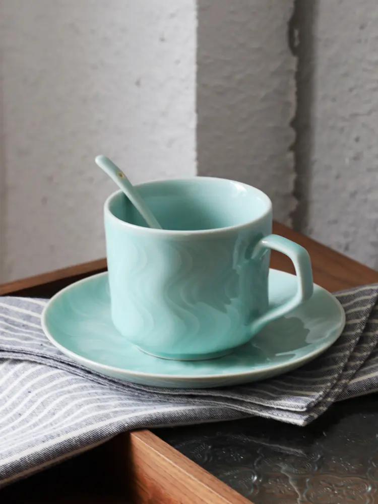 Celadon heat-resistant drinking cup coffee cup milk cup with handle cup holder spoon mug couple breakfast cup ceramic cup