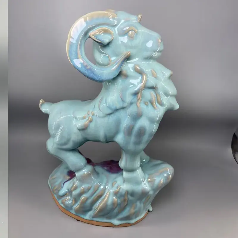 Ceramic Sheep Sculpture for Interior Decoration, Jin Porcelain Sculpture, Ice Crack, Open Pieces, Length 29 cm High 41.5 cm