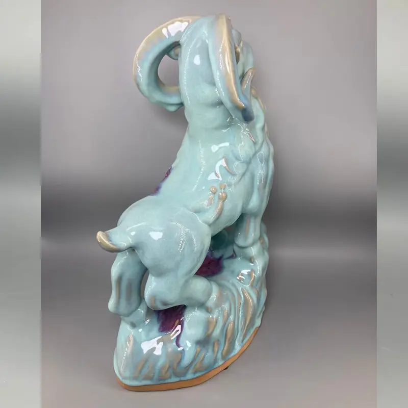 Ceramic Sheep Sculpture for Interior Decoration, Jin Porcelain Sculpture, Ice Crack, Open Pieces, Length 29 cm High 41.5 cm