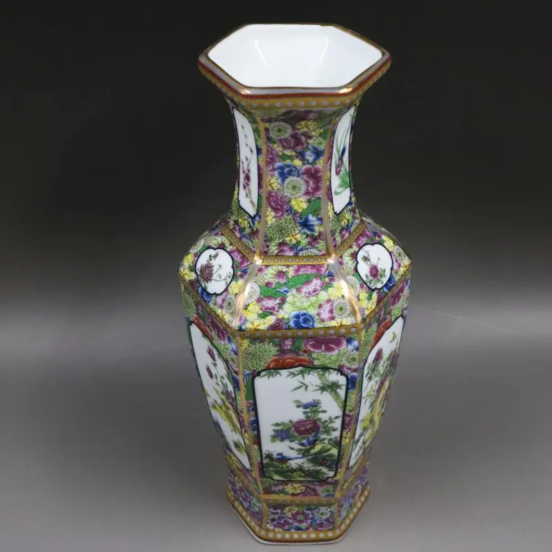 Enamel Colorful Flowers Vase and Birds Hexagonal Bottle, Home Retro Ornaments, Porcelain Collection, Antique, Ancient