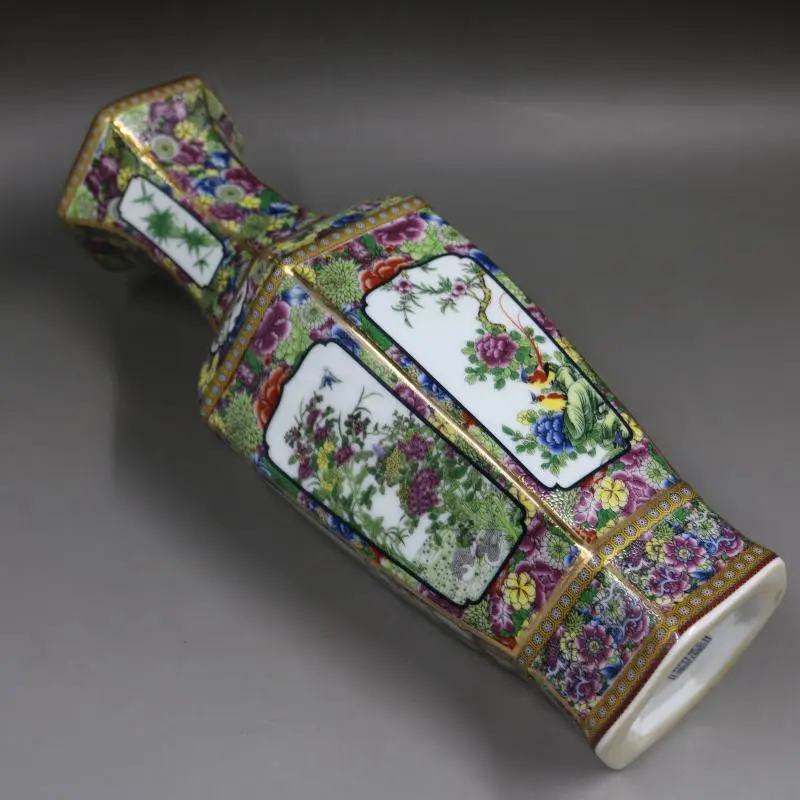 Enamel Colorful Flowers Vase and Birds Hexagonal Bottle, Home Retro Ornaments, Porcelain Collection, Antique, Ancient