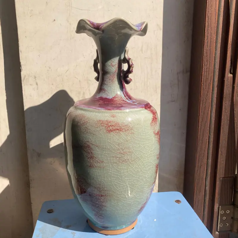 Two ears lotus mouth vase Ceramic vase ornamental vase Jun porcelain has ice cracks open pieces of under-glaze bubbles