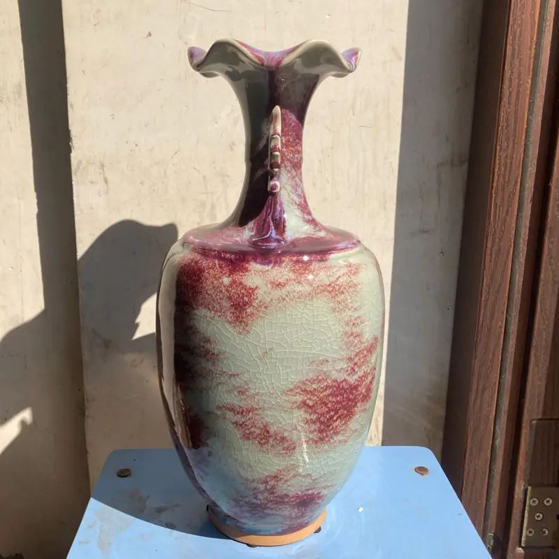 Two ears lotus mouth vase Ceramic vase ornamental vase Jun porcelain has ice cracks open pieces of under-glaze bubbles