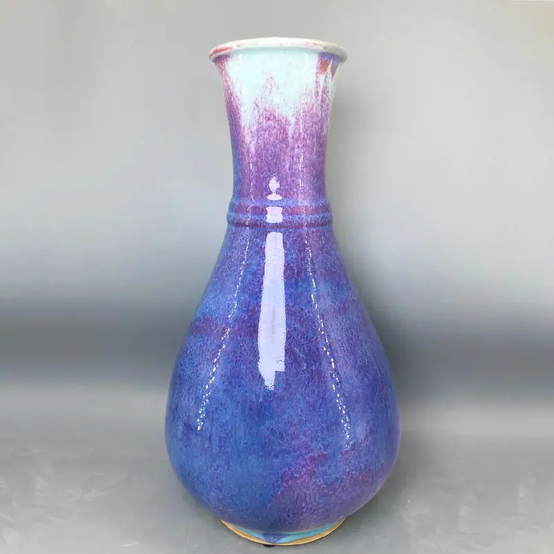 Pure Handmade Long Neck Flask, Ceramic Vase Jun China Decoration, Ice Crack Open Pieces Violet