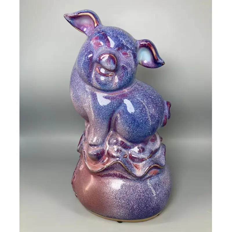 Ceramic Pig Sculpture Crafts, Purple Snow Glaze, Water Jun, Porcelain Ornaments, High 33 cm