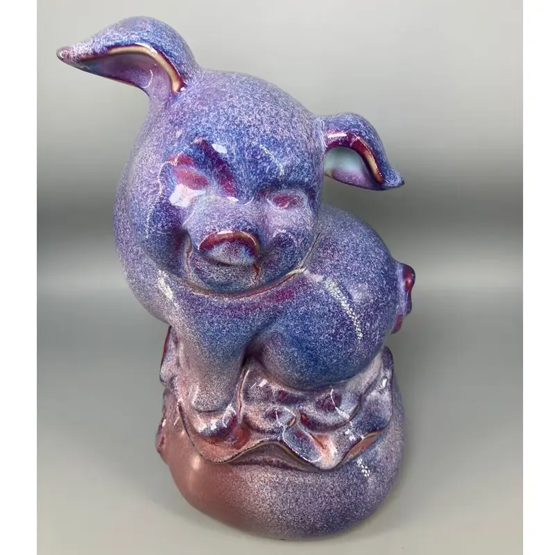 Ceramic Pig Sculpture Crafts, Purple Snow Glaze, Water Jun, Porcelain Ornaments, High 33 cm