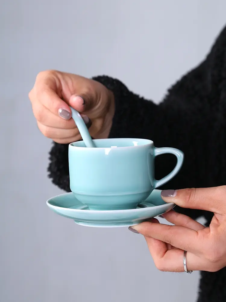 Celadon coffee cup ceramic hit style coffee set suit classic european style with small spoon creative pure color