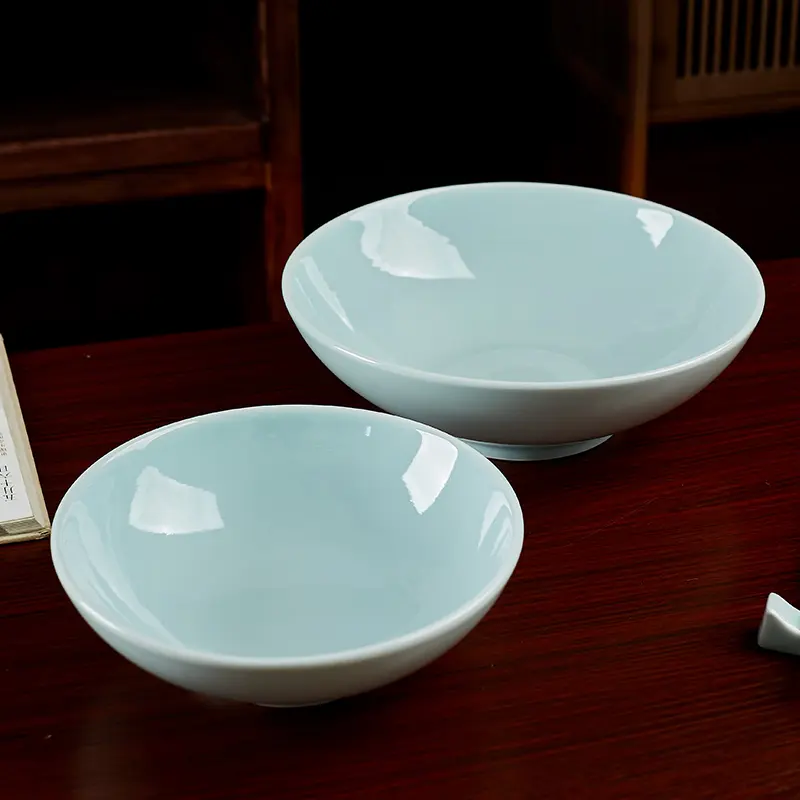 Soup bowl commercial noodle bowl shadow green ceramic tableware household round thickened dish bowl anti-scalding ceramic plate