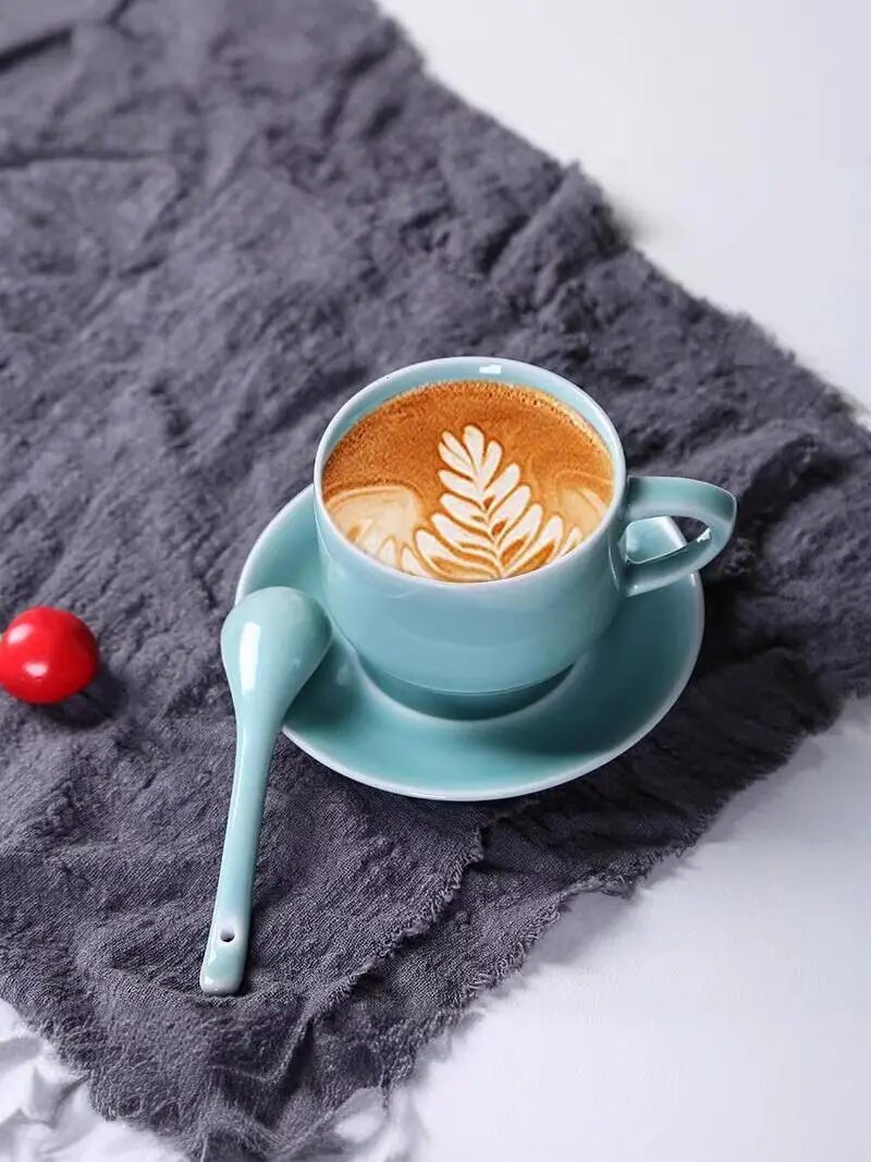 Celadon coffee cup ceramic hit style coffee set suit classic european style with small spoon creative pure color