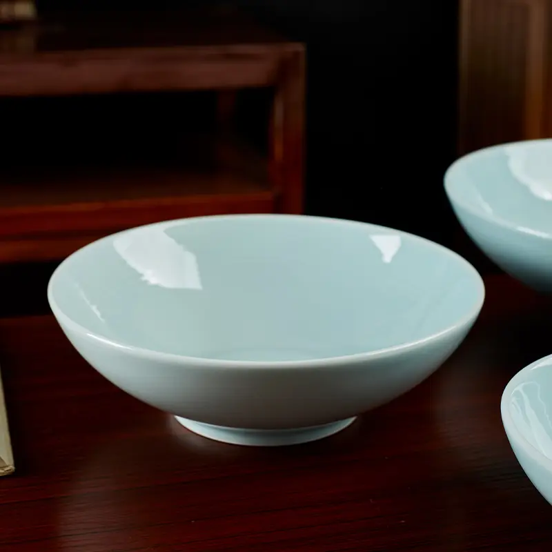 Soup bowl commercial noodle bowl shadow green ceramic tableware household round thickened dish bowl anti-scalding ceramic plate