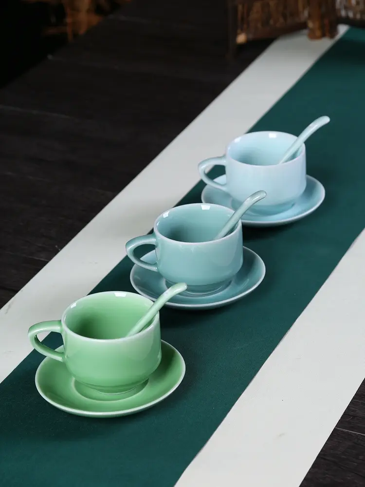 Celadon coffee cup ceramic hit style coffee set suit classic european style with small spoon creative pure color