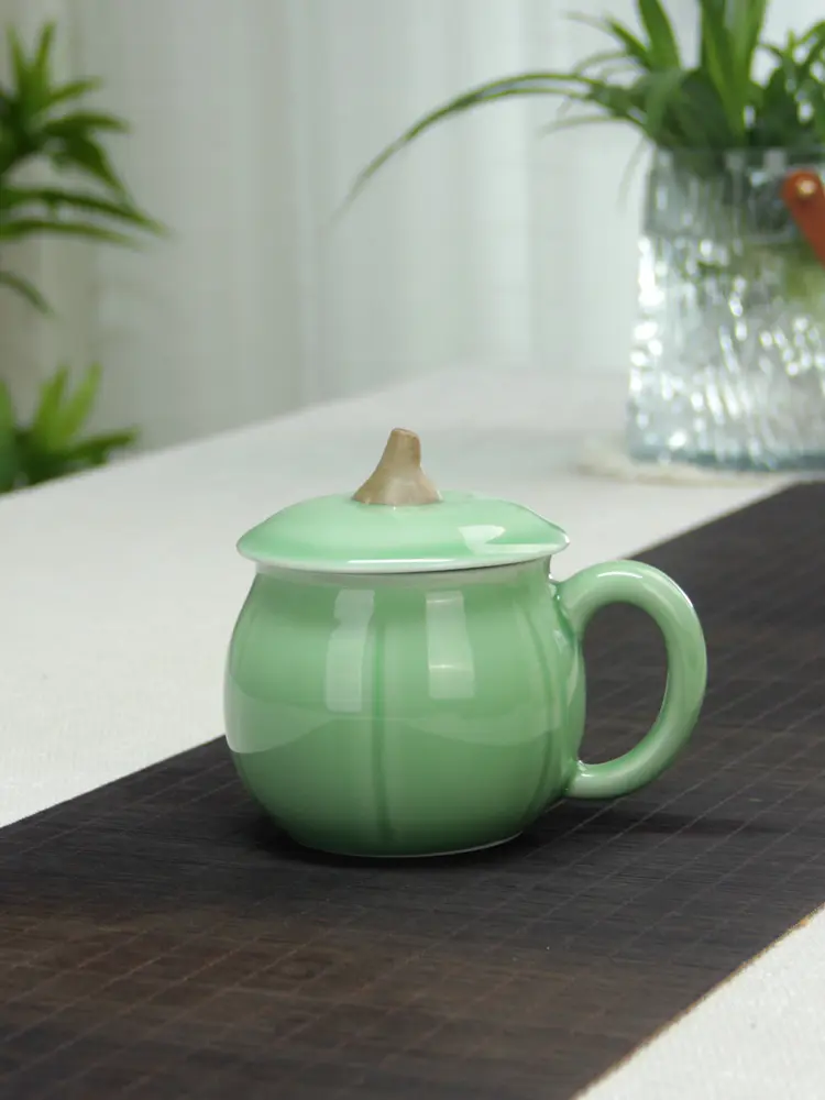 Celadon tea set ceramic office tea cup portable cup with lid tea cup pumpkin-shaped cup Chinese Cup coffee cup