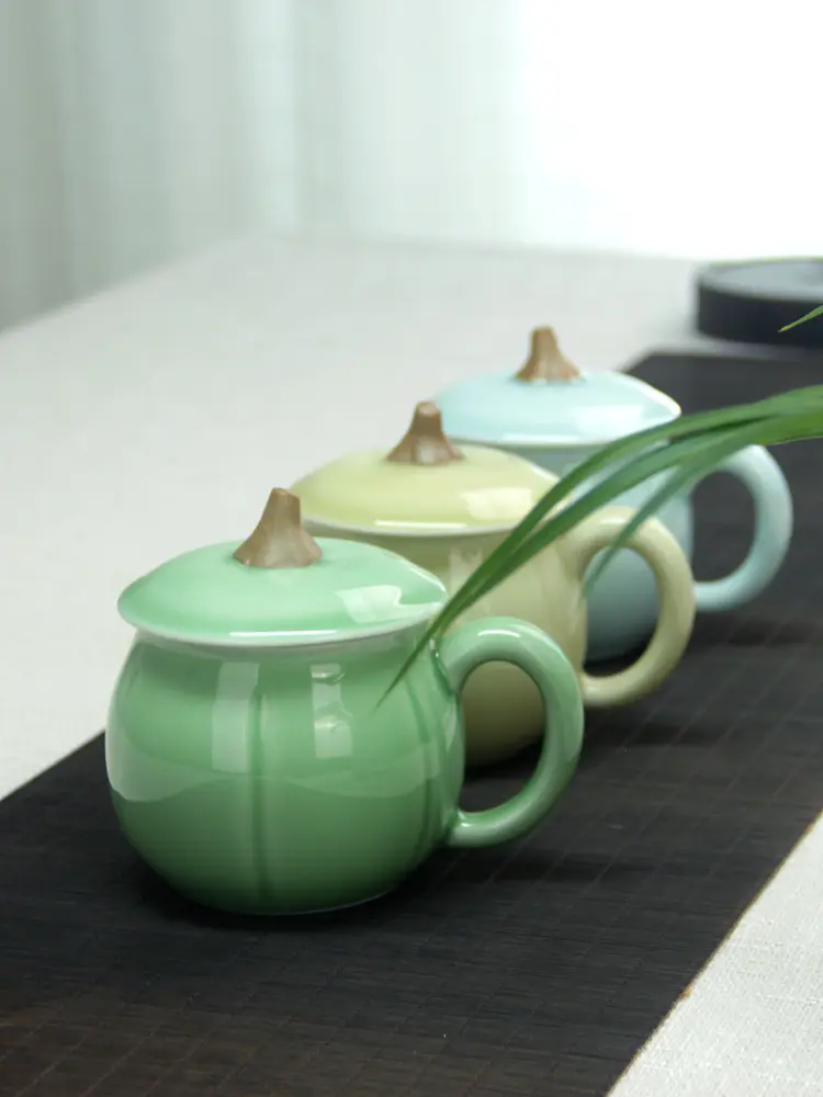 Celadon tea set ceramic office tea cup portable cup with lid tea cup pumpkin-shaped cup Chinese Cup coffee cup