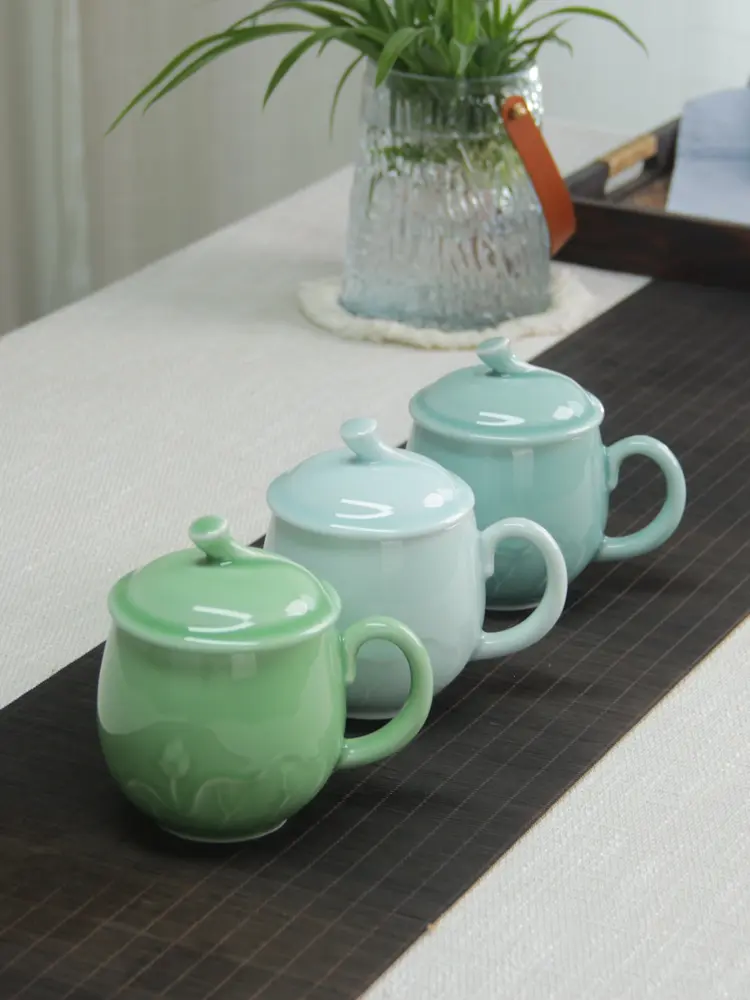Longquan celadon office tea cup chinoiserie tea with lid ceramic mug water cup for home water cup coffee cup