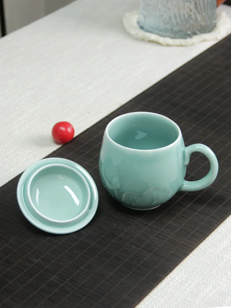 Longquan celadon office tea cup chinoiserie tea with lid ceramic mug water cup for home water cup coffee cup