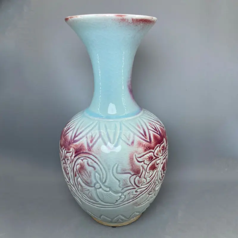 Jun Porcelain Embossed Vase, Chinese Simple Home, Living Room Decoration, Ceramics Flower Container