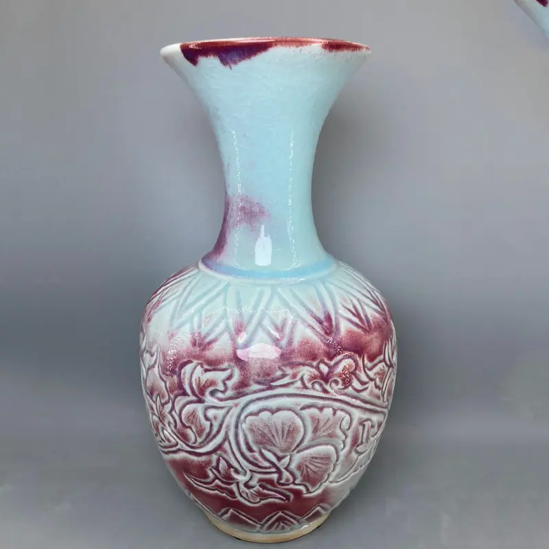 Jun Porcelain Embossed Vase, Chinese Simple Home, Living Room Decoration, Ceramics Flower Container