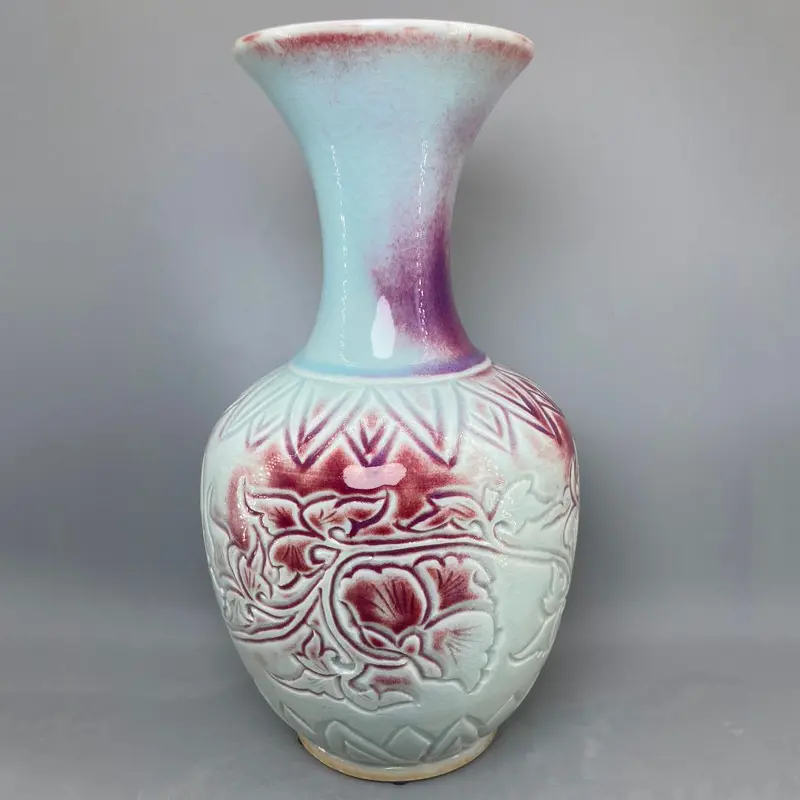 Jun Porcelain Embossed Vase, Chinese Simple Home, Living Room Decoration, Ceramics Flower Container