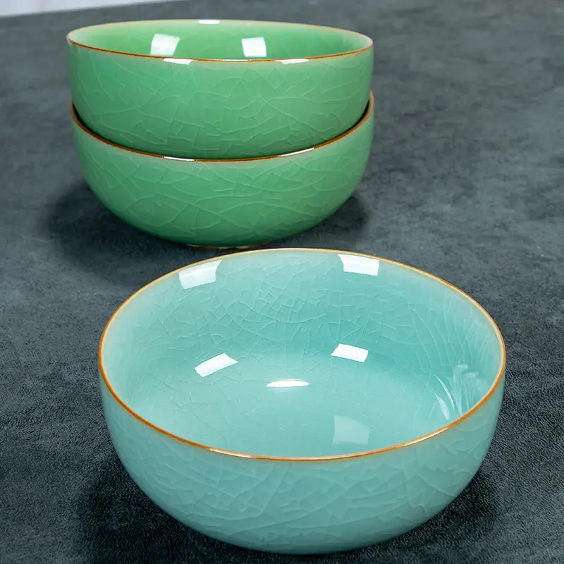 Ceramic bowl celadon for home large eating bowl creative tableware large bowl brother porcelain ice crack thick rice bowl