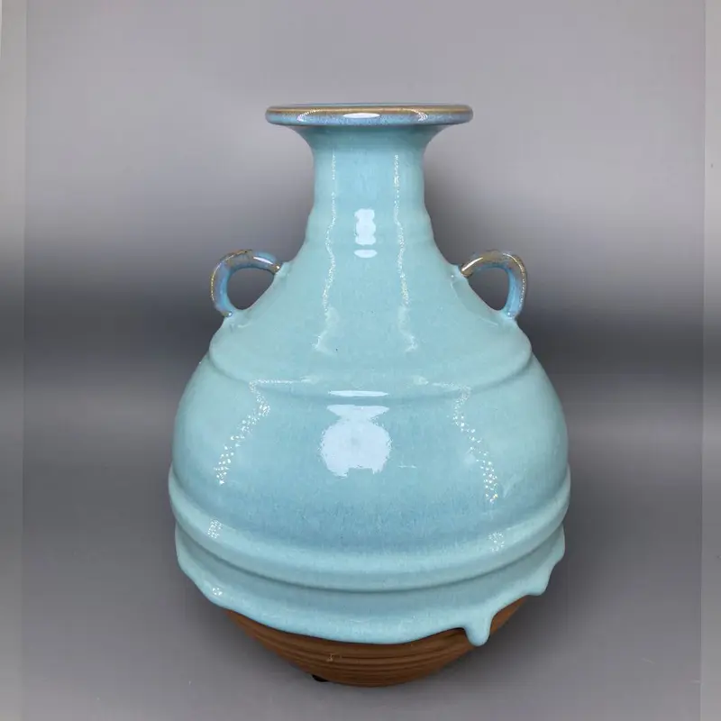 Double-Ear Ceramic Vase for Decoration, Crafts Porcelain, Living Room, Flower Arrangement, Affordable Luxury, Antique Celadon