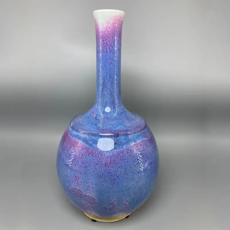 Ceramic vase Jun China decoration ice crack open pieces violet Pure handmade long necked flask High 29 cm