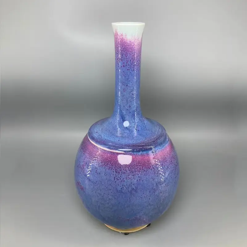 Ceramic vase Jun China decoration ice crack open pieces violet Pure handmade long necked flask High 29 cm