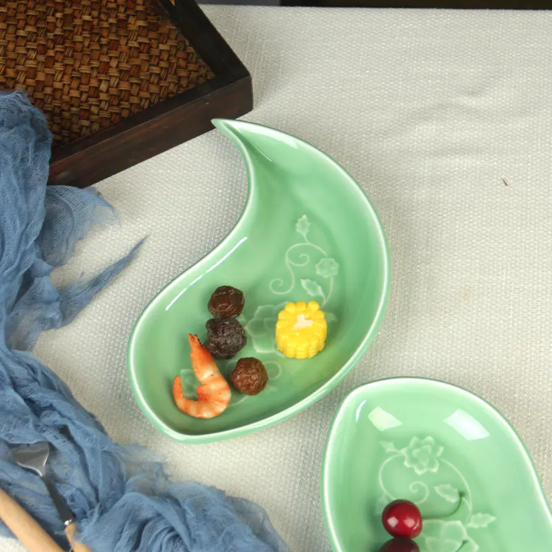 Celadon tableware for home plate plate plate ceramic chinoiserie creative dinner plate fish plate steamed fish stepless platter